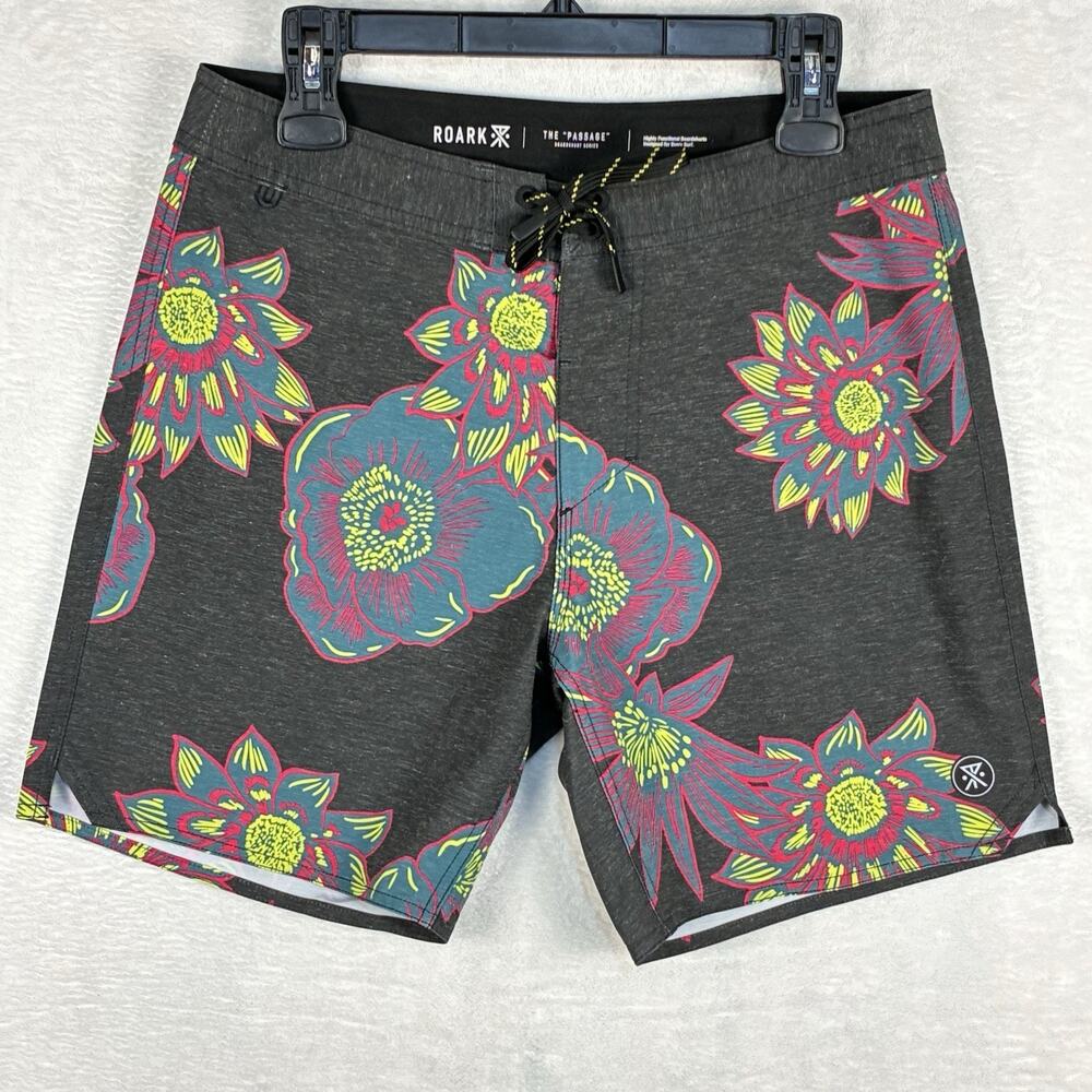 Roark Passage Board Shorts Men 30 Gray Floral Hawaiian Surf Swim Beach Huckberry